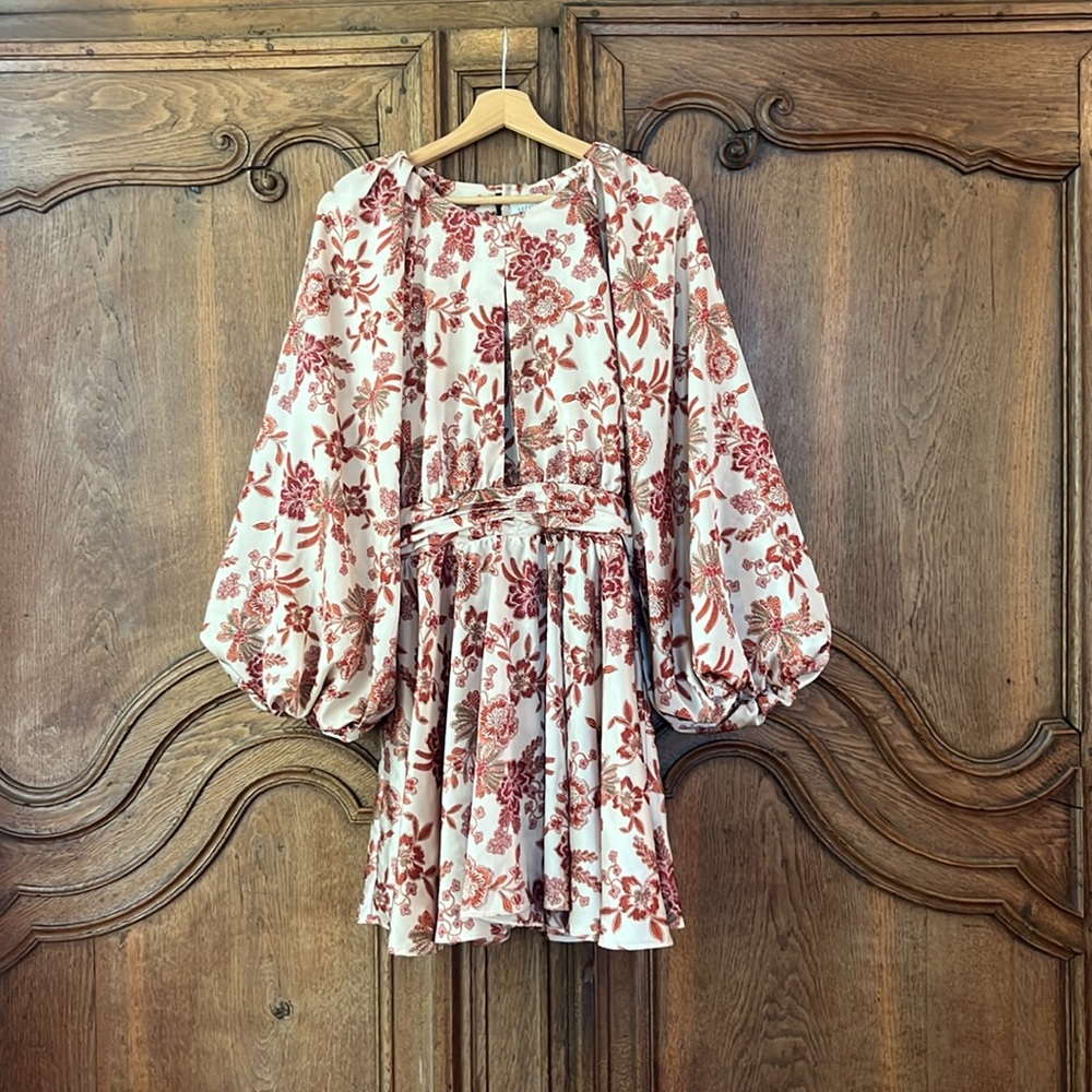 MISA Los Angeles Kara Mini Dress Falling Flora Flower Satin Balloon Sleeve - Picture 12 of 13